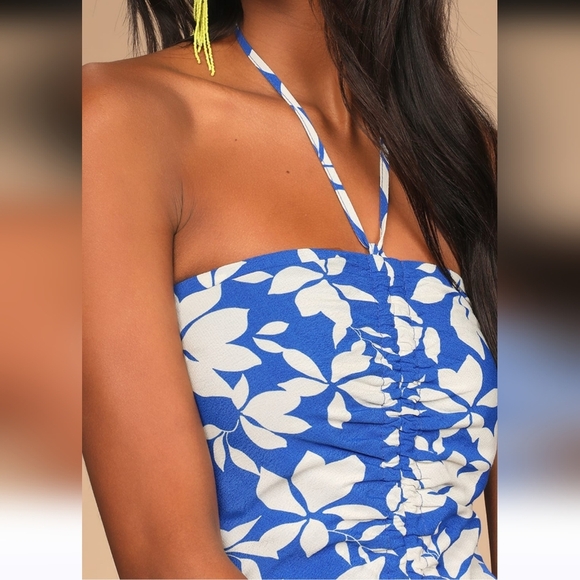 Lulus Blue White Floral Ruched Halter Back Zip Beachy Summer Bodycon Dress Large - Picture 9 of 13